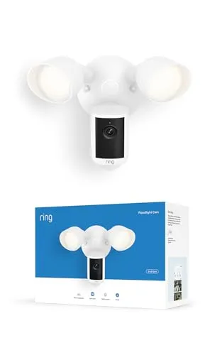 Ring Caméra Floodlight (Floodlight Cam), raccordée (nouvelle génération), Vidéo Retinal 2K grand-angle, Zoom amélioré x6, Projecteurs ultra-lumineux, Essai gratuit de 30 jours à l'abonnement Ring