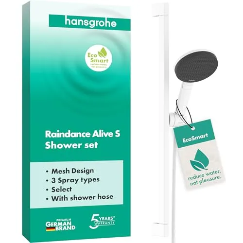 hansgrohe Raindance Alive Select S - Set doccetta per doccia con doccino a risparmio idrico (EcoSmart, 3 getti incl. PowderRain), tubo flessibile (1,60 m) e asta doccia (0,65m), bianco opaco, 24600700