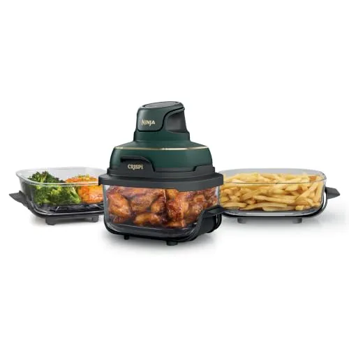 Ninja CRISPi Air Fryer Design Compact, 3,8L /2,3L / 1,4L, 4-en-1: cuisson à l'air chaud, rôtisserie, maintien au chaud, croustillant, 3 récipients en verre amovibles avec couvercles, Vert, FN103EUGN