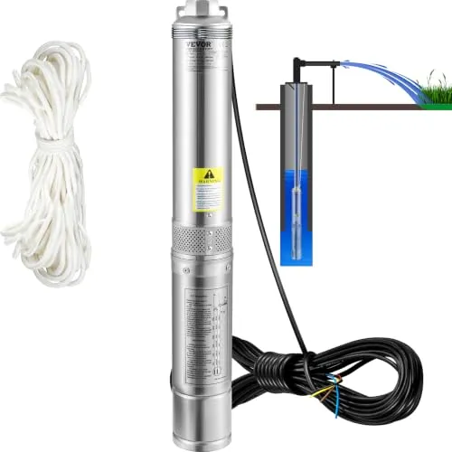 VEVOR 4'' Tiefbrunnenpumpe 370W Brunnenpumpe 110L/min Tauchpumpe max. Förderhöhe 44m Rohrpumpe 230V 50Hz Edelstahl Wasserpumpe 040℃ Pumpe Ideal zum Bewässern WasserVersorgen Entwässern, Silber