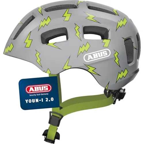 ABUS Fahrradhelm Youn-I 2.0 - mit Licht für Kinder, Jugendliche und junge Erwachsene - für Mädels und Jungs - Grau mit Blitz-Muster, Größe S