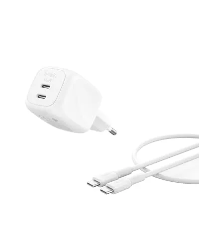 Belkin SmartProtect 2 Port USB C Ladegerät, 50W, GaN-Ladegerät mit 2 Anschlüssen, 1 m USB-C-Kabel, Schnellladen für MacBook, iPhone 17, iPad Pro, Chromebook, Galaxy S25 Ultra, Pixel 10 usw. – Weiß