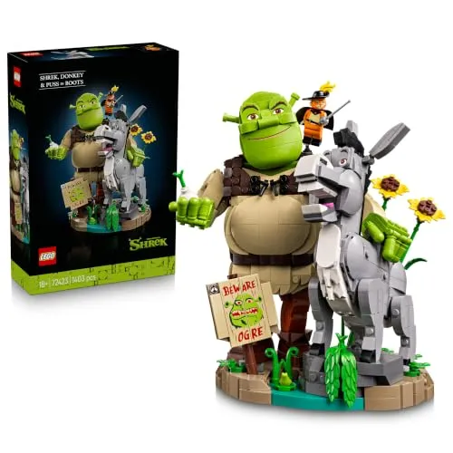 LEGO Shrek: Shrek, Esel und Der Gestiefelte Kater - Film Modellbau für Erwachsene - Ausstellungsset mit 3 Figuren als DIY Deko für Regal oder Schreibtisch - Nostalgische Geschenkidee für Fans - 72423