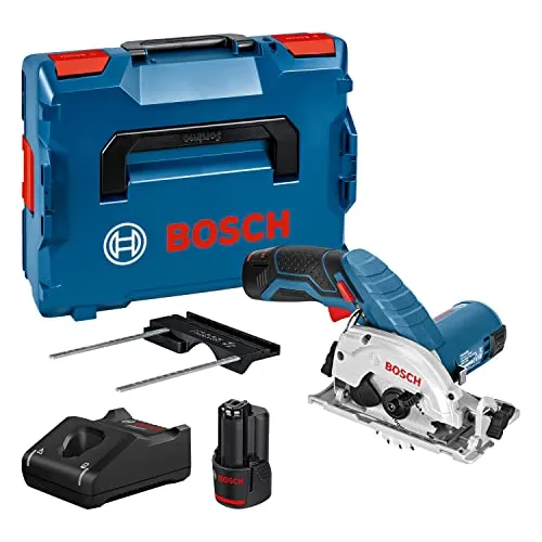 Bosch Professional 12V System Akku Kreissäge GKS 12V-26 (Sägeblatt- : 85 mm, inkl. 2x3.0Ah Akkus und Ladegerät, in L-BOXX 136) Blau Schwarz