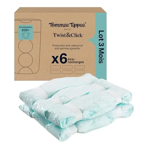 Tommee Tippee Film de Recharge Poubelle à couches Twist & Click, Lot de 6, Longueur 10,5m chacun, Film multicouches antibactérien*, Se glisse dans la cassette Twist & Click, 6 x 10,5m