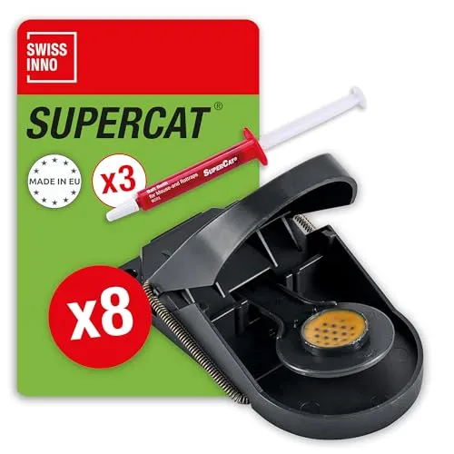 SWISSINNO Mausefalle SuperCat – 8 Schlagfallen + 3 Köderspritzen – Effektive Mausefalle mit Köder für Haus & Garten – Wiederverwendbare Mäusefalle für drinnen & draußen – Präziser Fangmechanismus