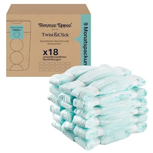Tommee Tippee Twist & Click Nachfüllfolie für Windeleimer, 18er-Pack, je 10,5 m, mehrlagige antibakterielle* Folie, passend für Twist & Click Kassette, 18 x 10,5 m